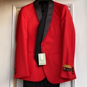NWT 40R with 34W 3 piece Alberto Nardoni red tuxedo/suit w/black shawl lapel